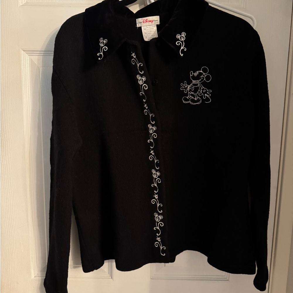 Vintage Disney Black Cardigan with Embroidered Details and velour collar